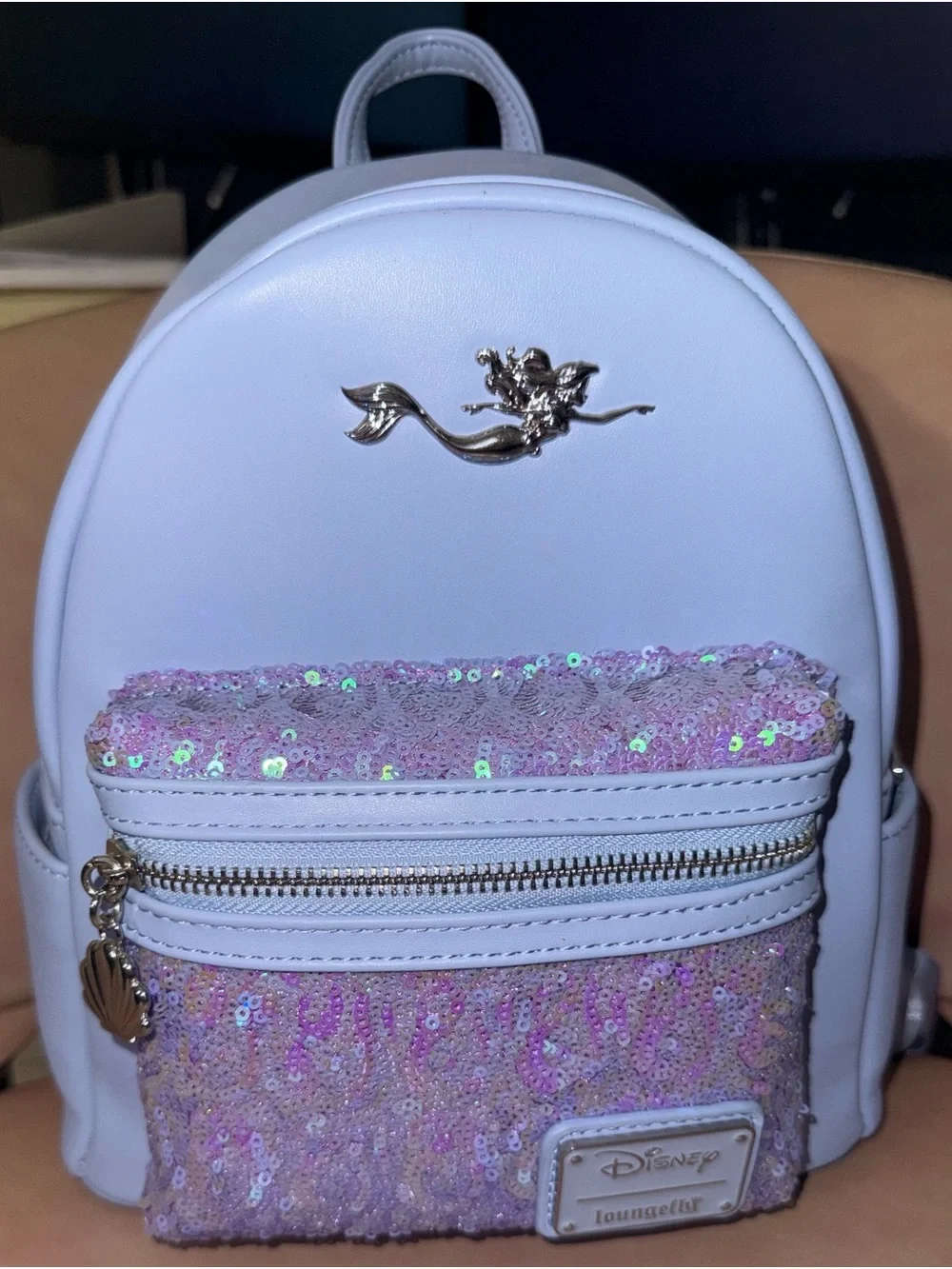 Loungefly White Mini Backpack with Pink Iridescent Sequin Pocket